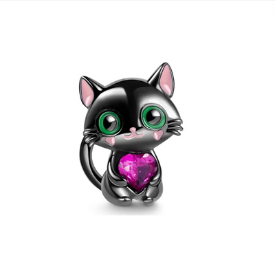 Charm Mysterio - Colgante Gato Negro Con Corazón de Piedra Preciosa - Plata de ley 925 - Encanto Sublime